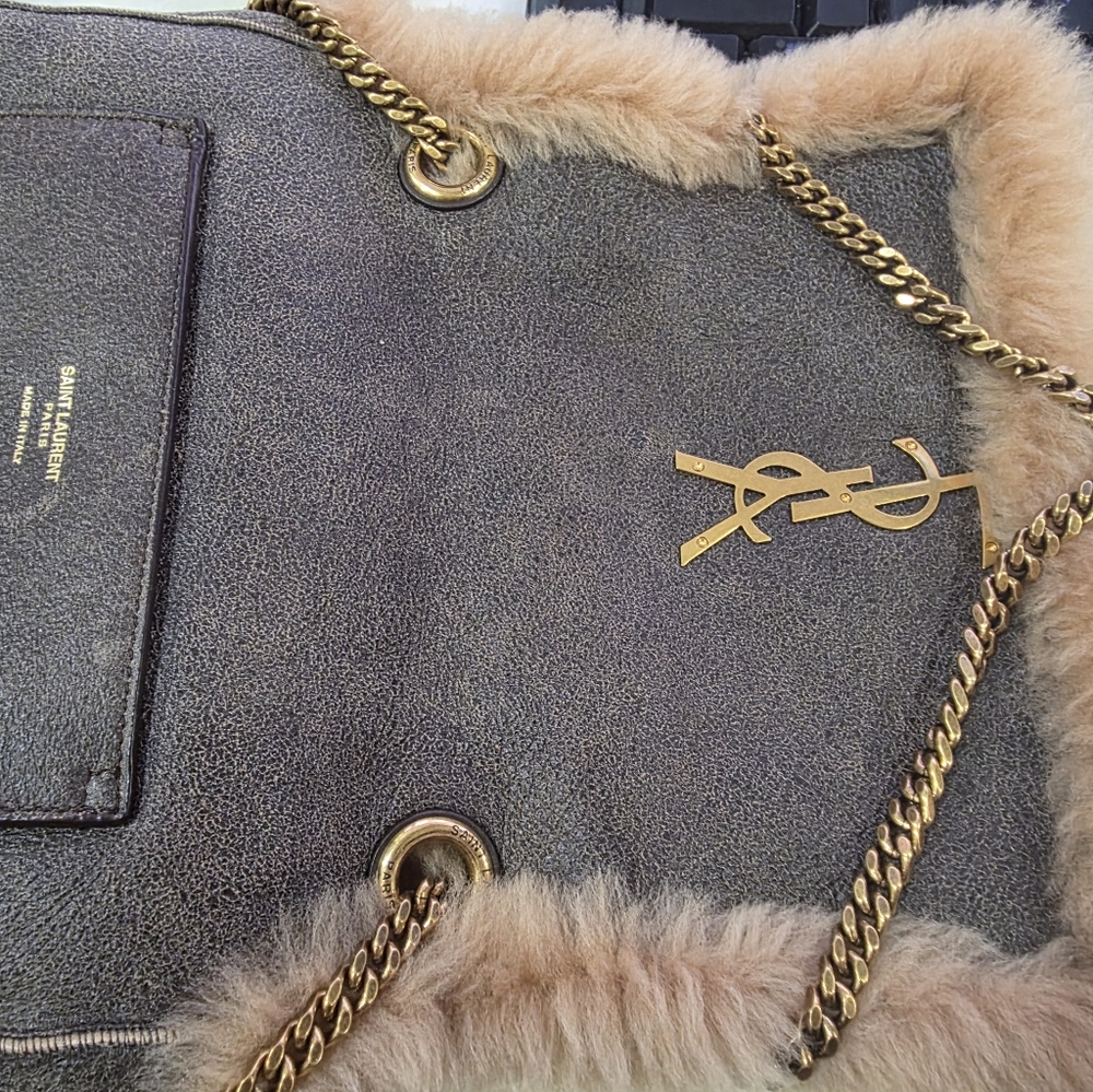 Saint Laurent Gray Fur-Trimmed Women's Bag